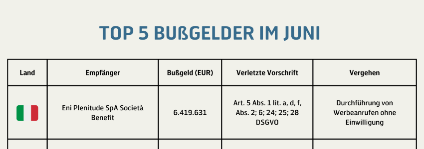 Bild mit der Aufschrift "TOP 5 Bußgelder im Juni 2024" 